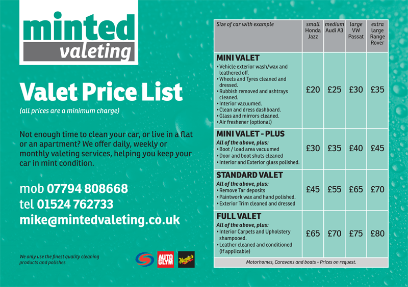 Price List for Minted Valeting